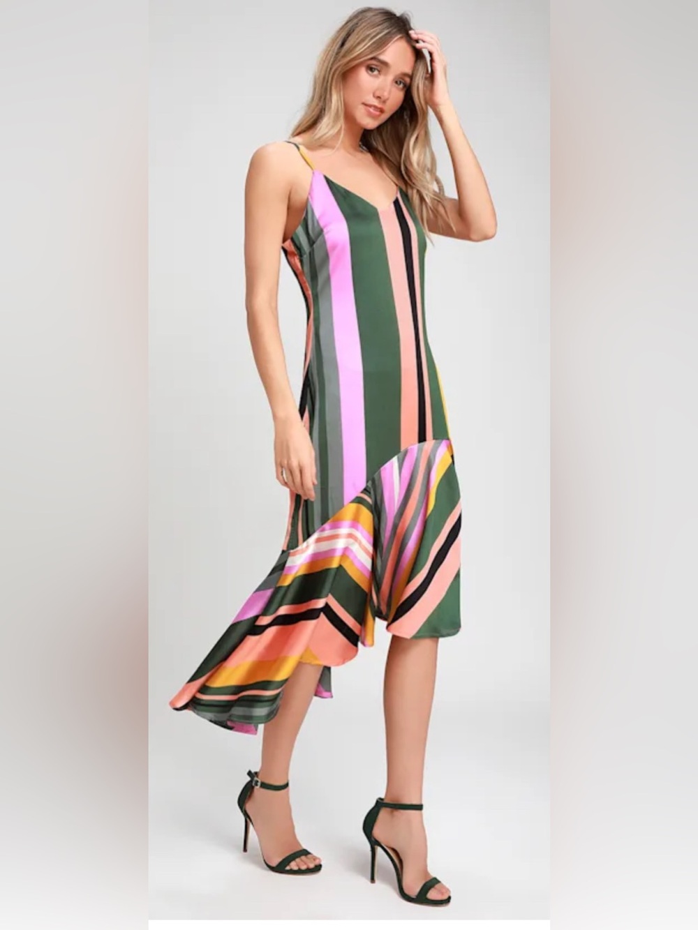 Lost + Wander Pandora Silky Slip Striped Dress Asymmetrical Hem Size Medium NWT